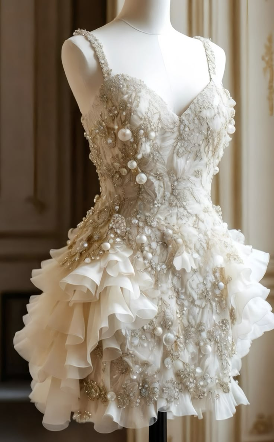 Luxury Pearl Ruffle Short Wedding Dress, Vintage Mini Prom Dress fg8211
