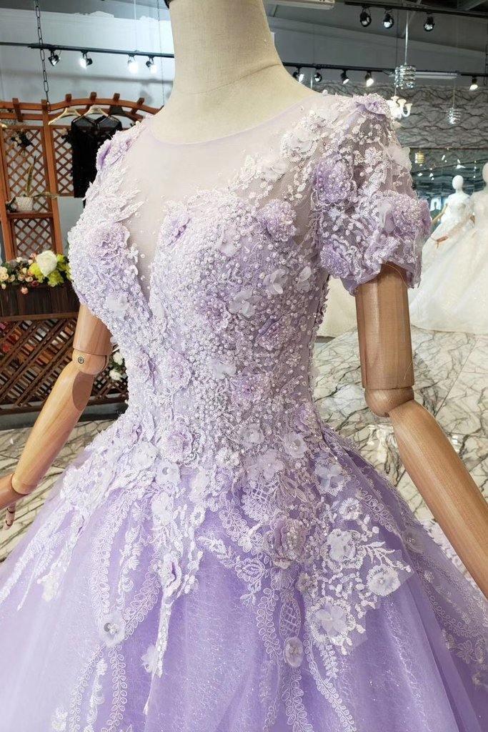 Ball Gown Short Sleeves Lilac Wedding Dresses with Lace  PM244
