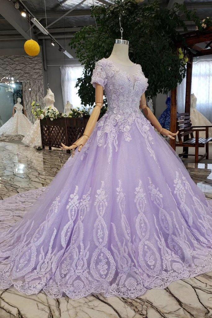 Ball Gown Short Sleeves Lilac Wedding Dresses with Lace  PM244
