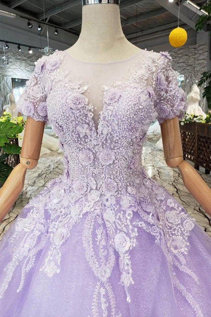 Ball Gown Short Sleeves Lilac Wedding Dresses with Lace  PM244