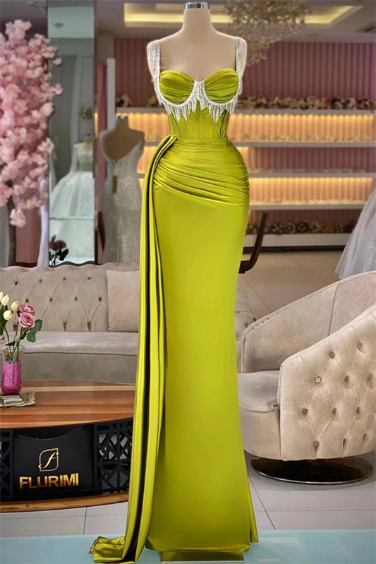 Gorgeous Green Spaghetti Strap Mermaid Prom Dress Pleated with Rhinestone