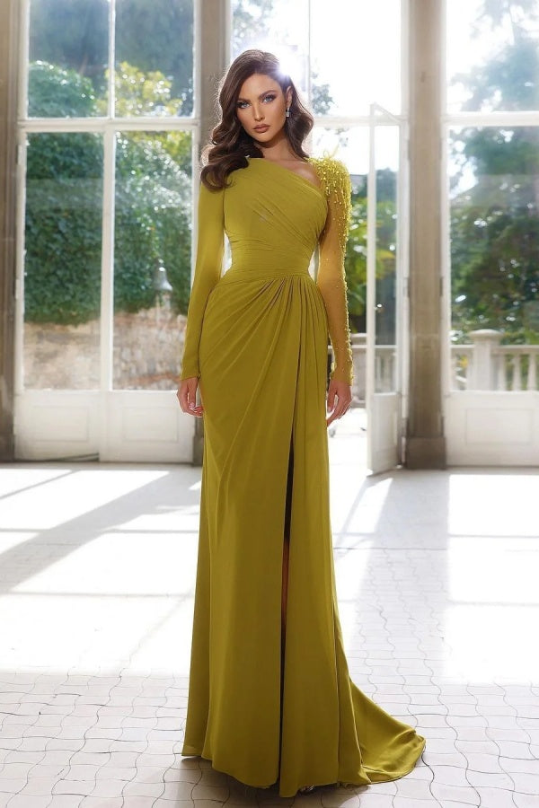 Elegant Long Sleeve Yellow Prom Dress Asymmetric Pleated Slit - liymcdress