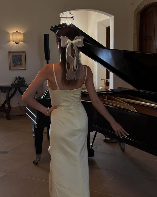 Yellow Spaghetti Strap Prom Dress Semi-Sweetheart Pleated with Split - liymcdress