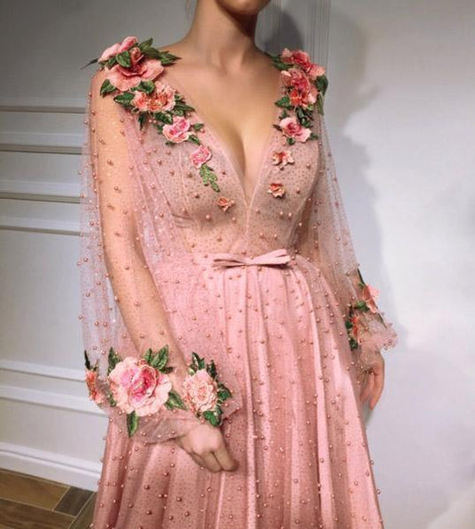 Beautiful Long Sleeves V Neck 3D Flowers Pink Prom Dress Formal Dress