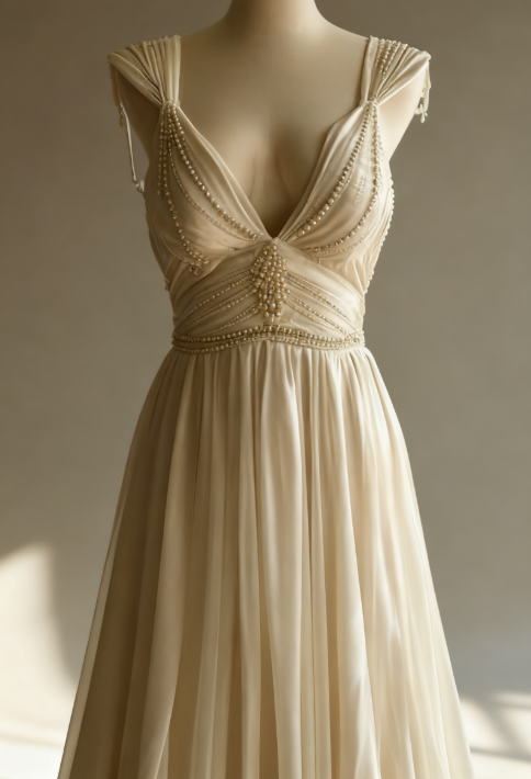 Off-White A-Line V-Neck Chiffon Beaded Long Prom Dress Simple Wedding Dress Bridesmaid Dress
