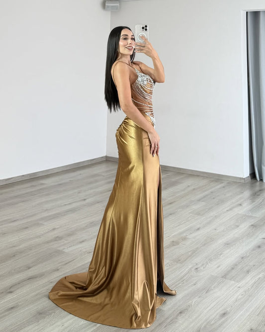 Gold Spaghetti Strap V-Neck Mermaid Prom Dress with Beadings - liymcdress