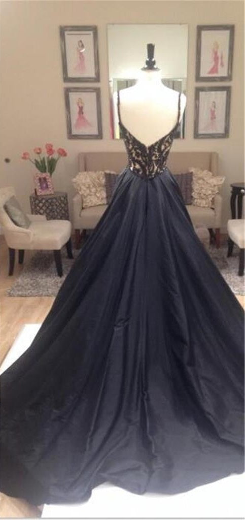Black Beaded Lace Off Shoulder Prom Dress-Elegant V-Neck V-Back Evening Gown