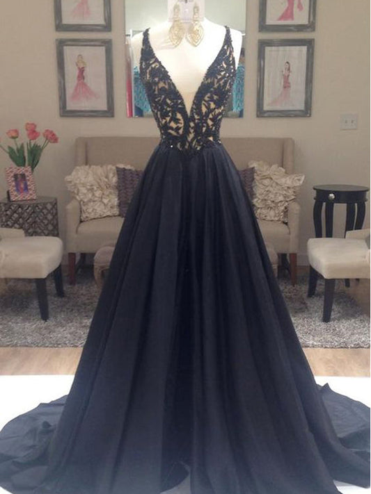 Black Beaded Lace Off Shoulder Prom Dress-Elegant V-Neck V-Back Evening Gown