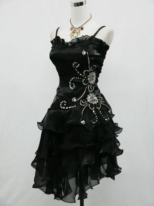 Black Chiffon Beaded Mini Satin Short Prom Dress Homecoming Dress