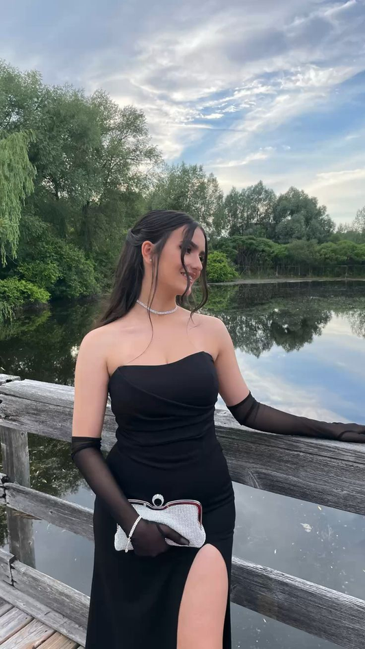 Charming Black Strapless Sheath Long Prom Dress with High Slit