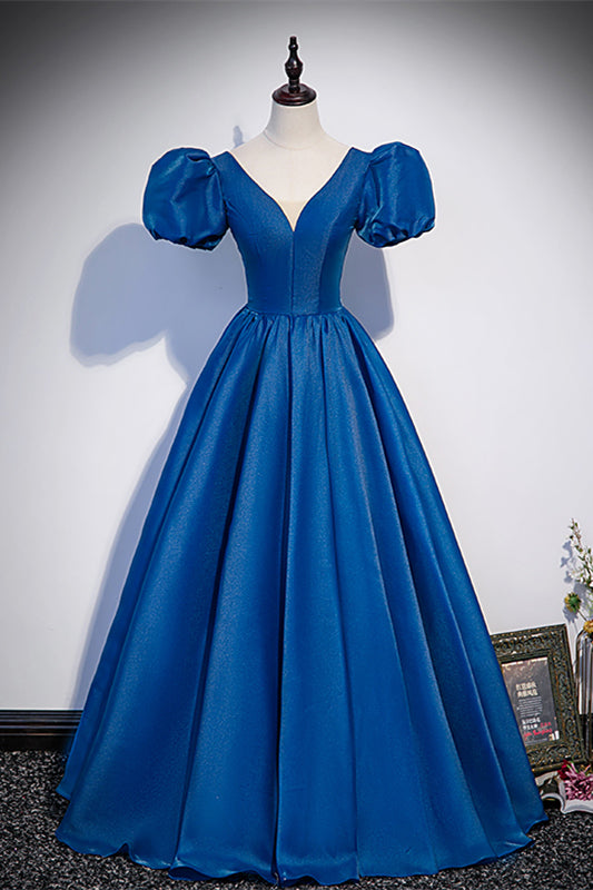 Elegant Blue Satin A-Line V-Neck Puff Sleeves Evening Party Dress