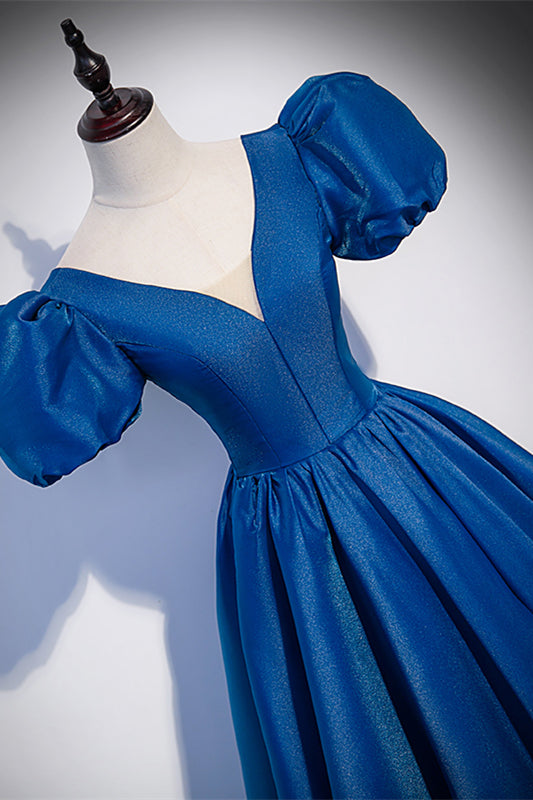 Elegant Blue Satin A-Line V-Neck Puff Sleeves Evening Party Dress