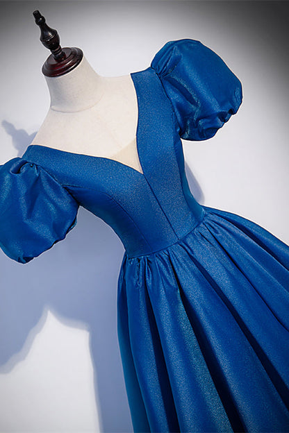 Elegant Blue Satin A-Line V-Neck Puff Sleeves Evening Party Dress