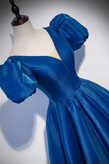 Elegant Blue Satin A-Line V-Neck Puff Sleeves Evening Party Dress