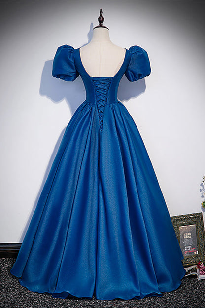 Elegant Blue Satin A-Line V-Neck Puff Sleeves Evening Party Dress