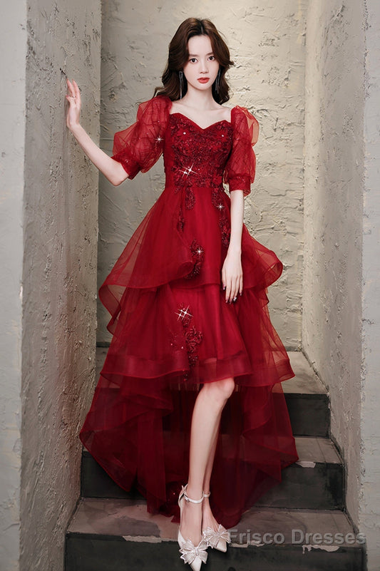 Burgundy Lace High Low Prom Dress, A-Line 1/2 Sleeve Evening Party Dress