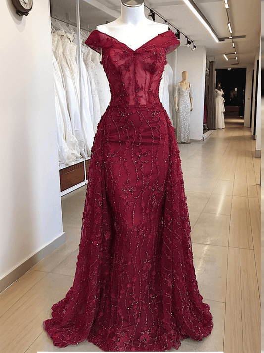 Burgundy Prom Dress Mermaid Off Shoulder Evening Dresses Elegant
