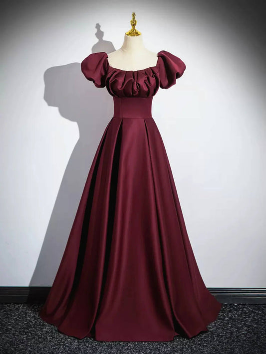 Unique Burgundy Prom Dress Short Sleeve A-line Satin Maxi Dresses Formal