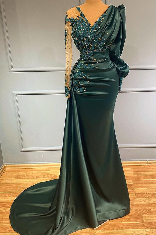 Dark Green One Shoulder V-Neck Mermaid Prom Dress Pleated with Beaded