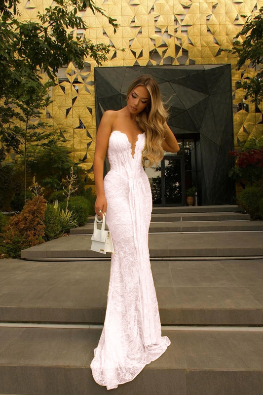 Gold Sweetheart Pleated Mermaid Prom Dress with Lace - liymcdress