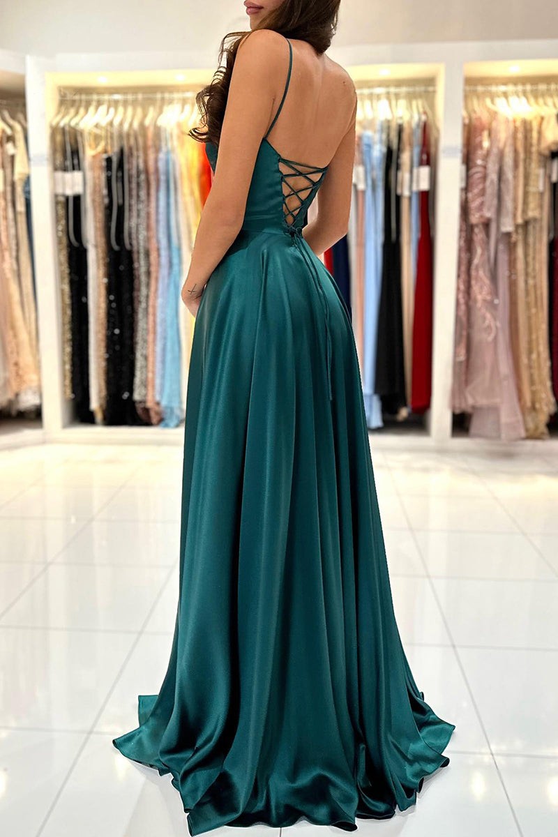 Green Spaghetti Strap Square Prom Dress A-Line High Split with Pleated
