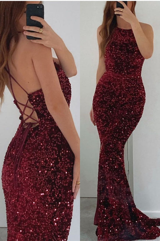 Burgundy Spaghetti Strap Halter Prom Dress Mermaid Backless with Sequins