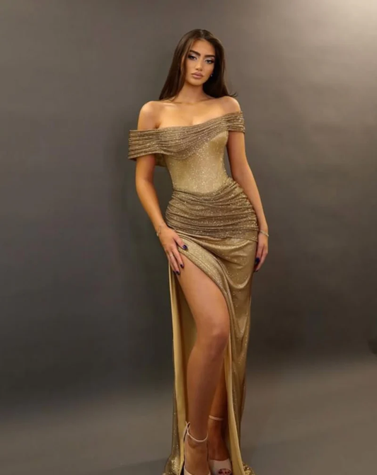 Light Gold Off-the-Shoulder Mermaid Split Prom Dress with Pleats - liymcdress