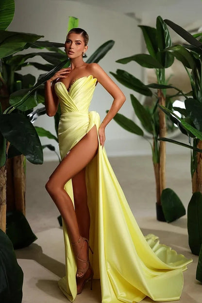 Gorgeous Yellow Strapless V-Neck Prom Dress Beaded with Slit - liymcdress