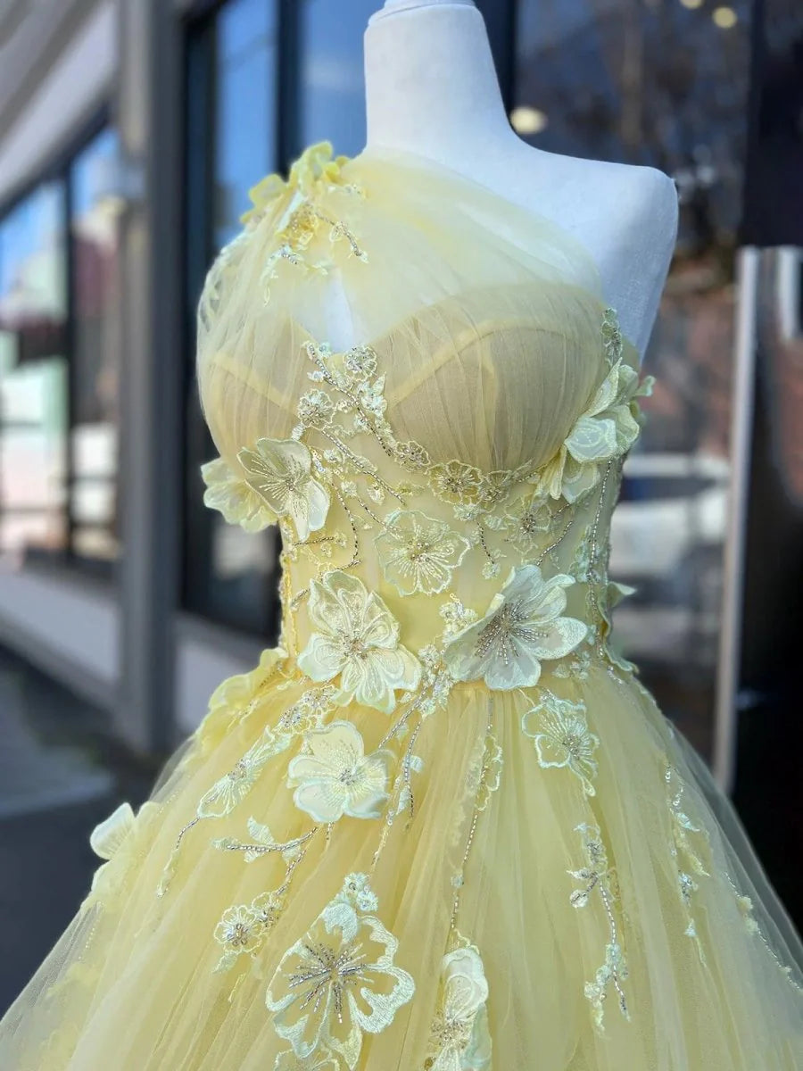 Yellow One Shoulder Asymmetric A-Line Prom Dress Sheer with Applique