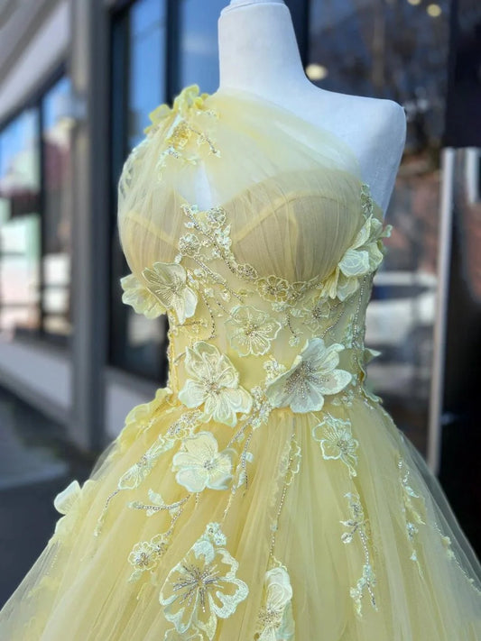 Yellow One Shoulder Asymmetric A-Line Prom Dress Sheer with Applique