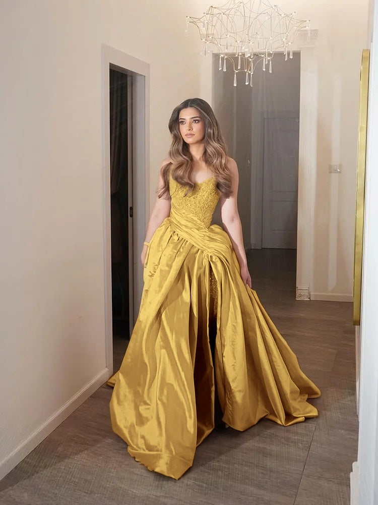 Light Gold Strapless Sleeveless Pleated A Line Prom Dress with Beaded - liymcdress