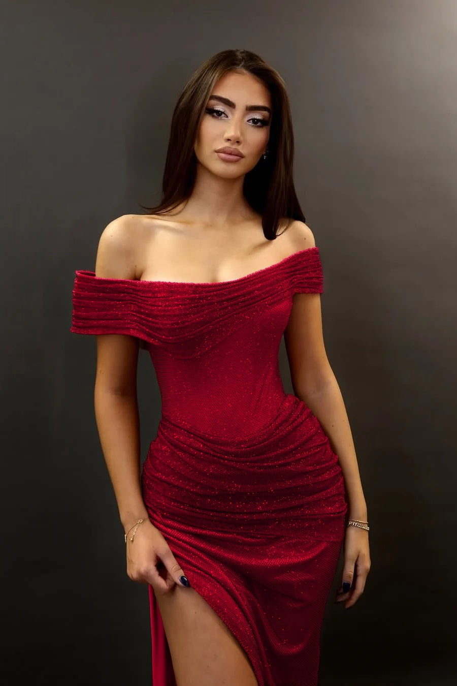 Light Gold Off-the-Shoulder Mermaid Split Prom Dress with Pleats - liymcdress