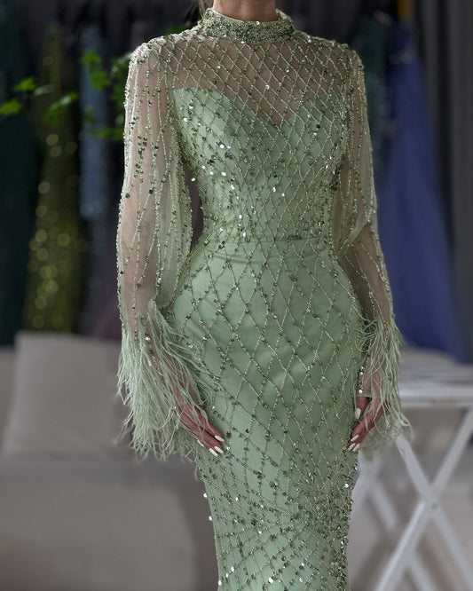 Shining Green Long Sleeve Mermaid Prom Dress Sheer with Beading