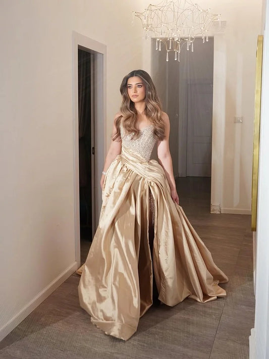 Light Gold Strapless Sleeveless Pleated A Line Prom Dress with Beaded - liymcdress