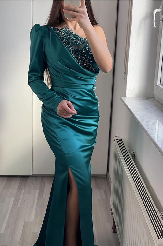 Green One Shoulder Long Sleeve Prom Dress Mermaid Split with Sequins