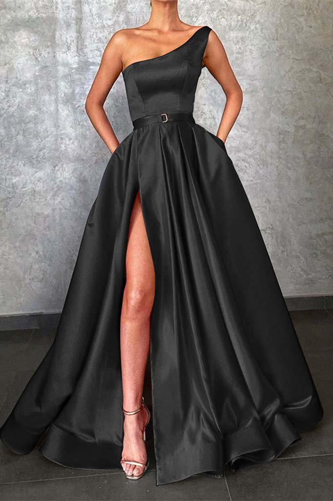 Glamorous One Shoulder Red Prom Dress Split With Pockets | Liymcdress