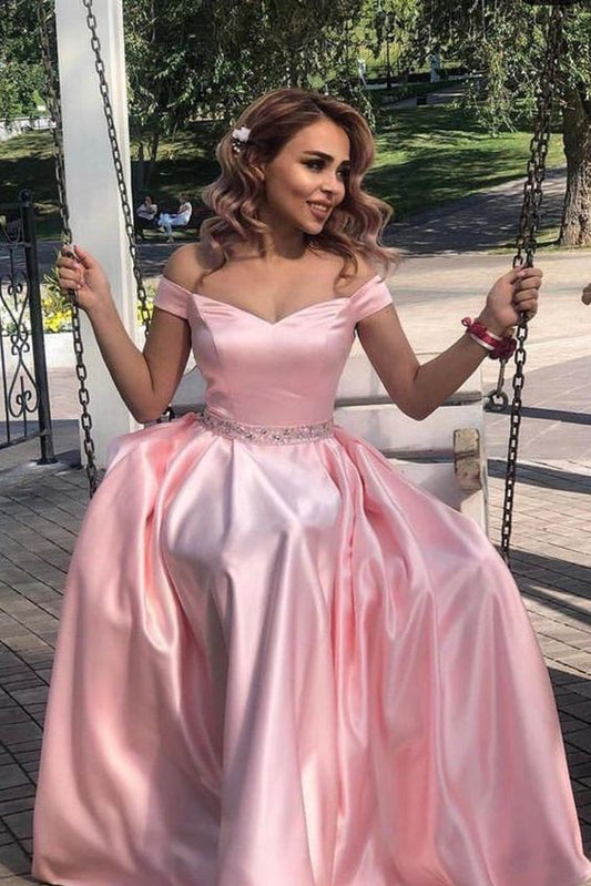 LTP1041,Off the shoulder prom dress,pink prom dresses,beaded evening dress