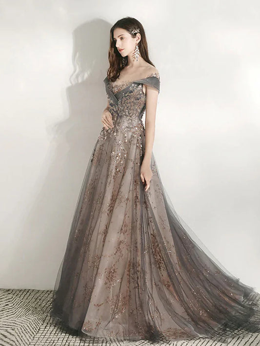 A-Line Bridesmaid Dress Jewel Neck Short Sleeve Beautiful Back Floor Length Tulle with Crystals Bandage