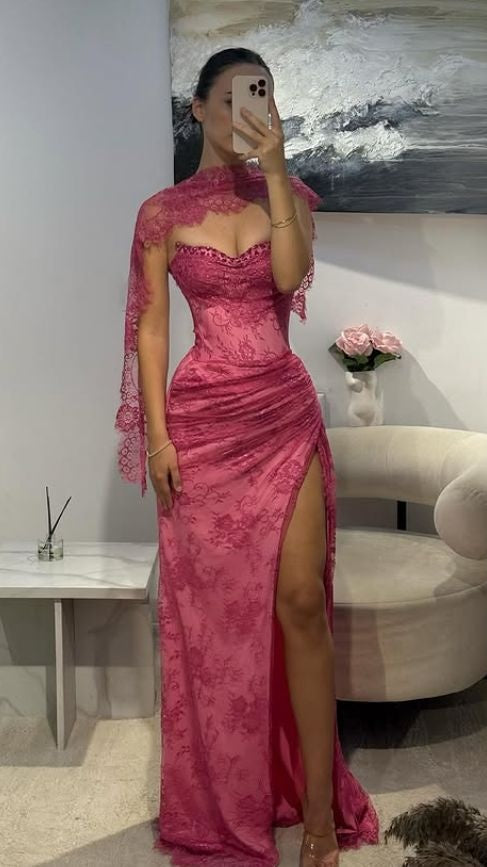 Pink A Line Sweetheart Neck Beaded Lace Prom Dress Evening Dress With Slit,AST2306