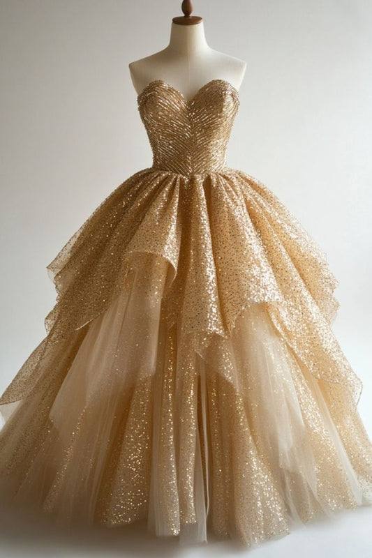 Charming Gold Strapless Sweetheart Prom Dress Sequins with Pleated