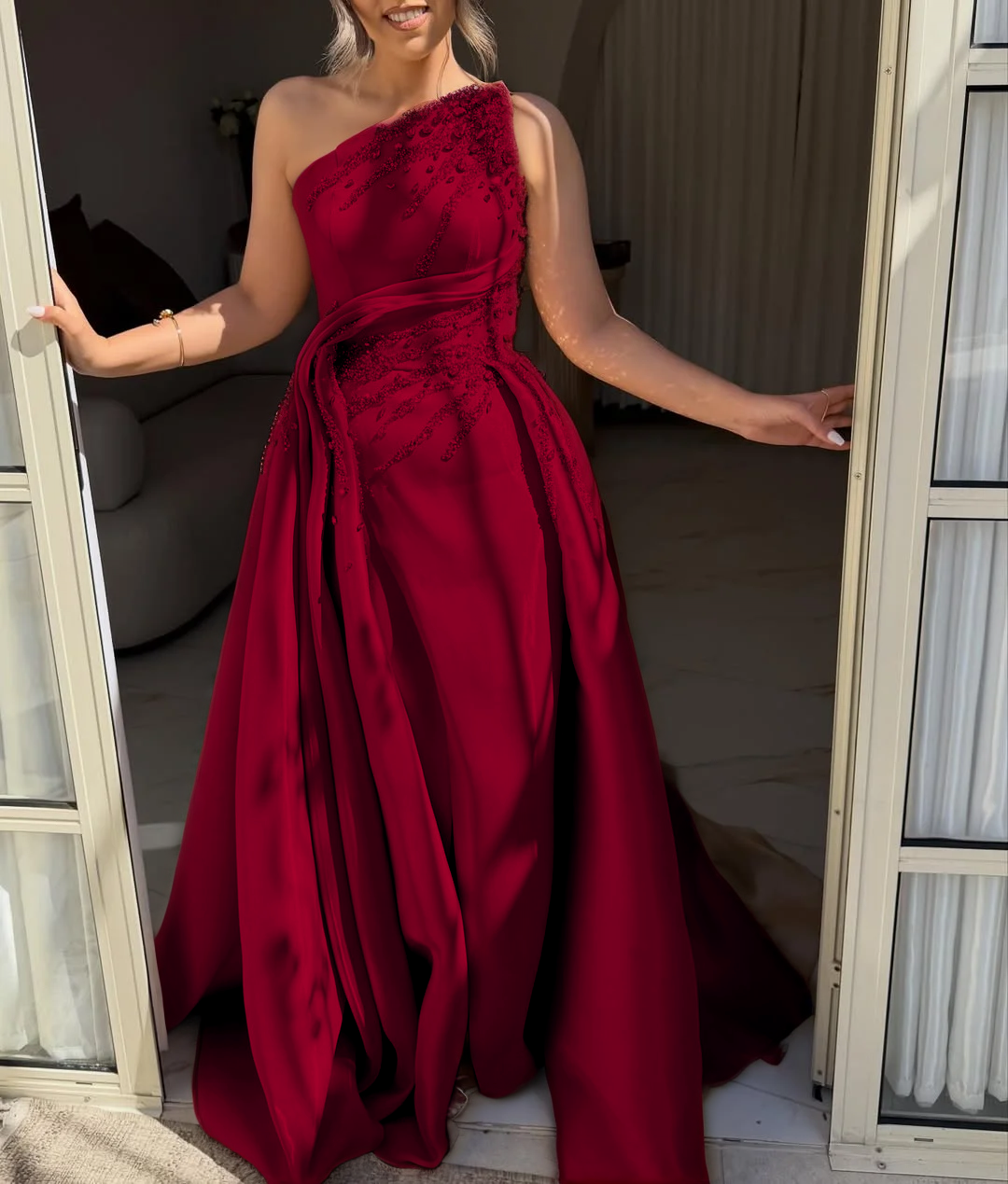 Light Gold One Shoulder Sleeveless A Line Prom Dress Pleated with Rhinestone - liymcdress