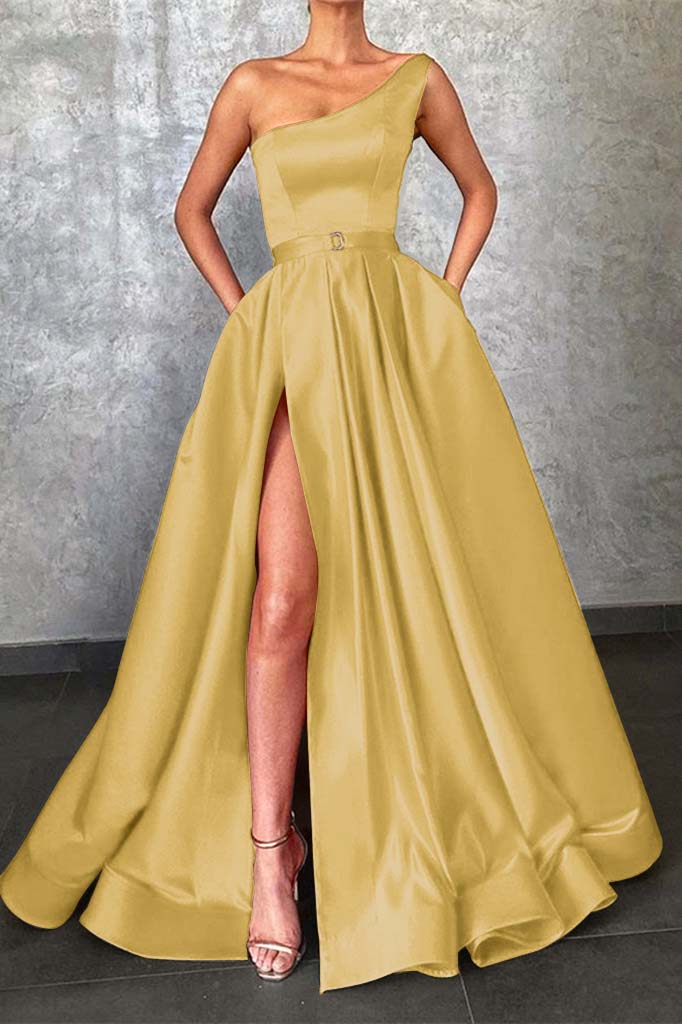Glamorous One Shoulder Red Prom Dress Split With Pockets | Liymcdress