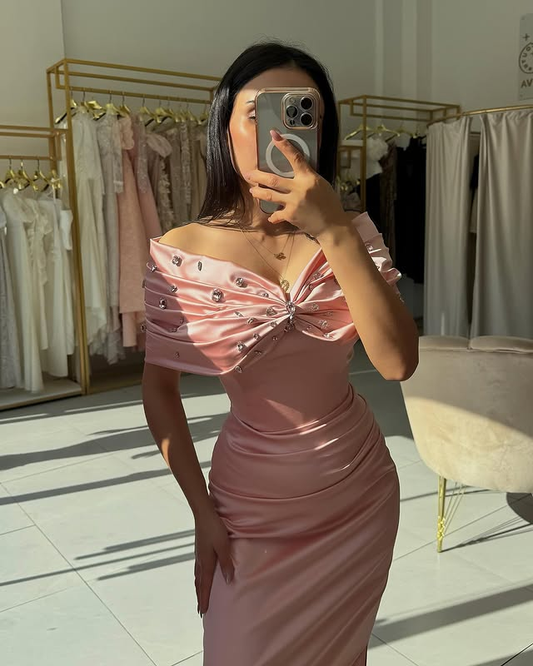 Blushing Pink Off-the-Shoulder Pleated Mermaid Prom Dress with Rhinestone - liymcdress