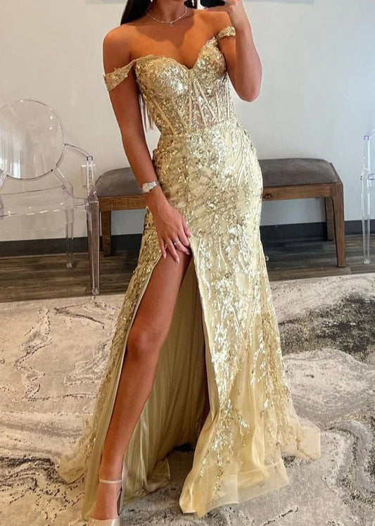 Shining Gold Off-Shoulders V-Neck Prom Dress High Split with Applique