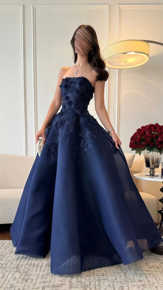 Dark Blue A-Line Prom Dress Strapless Applique Evening Dance Dress