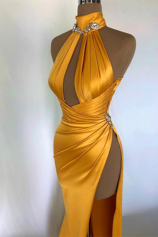 Charming Gold Halter Sleeveless Mermaid Prom Dress High Split with Pleated