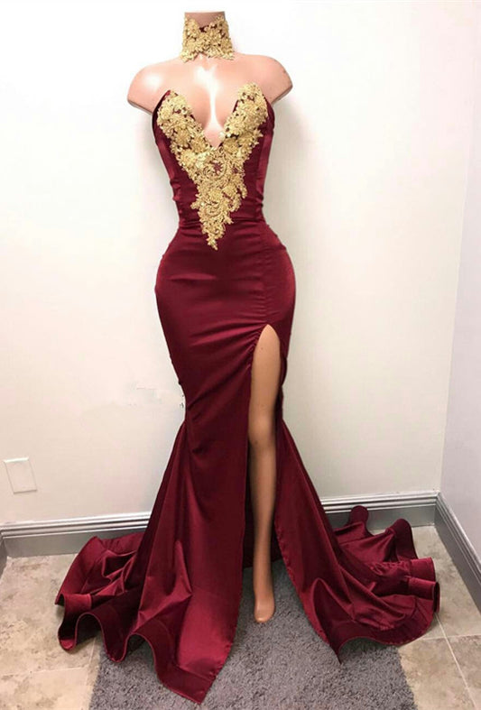 Burgundy V-Neck Mermaid Prom Dress Split with Lace Appliques - liymcdress