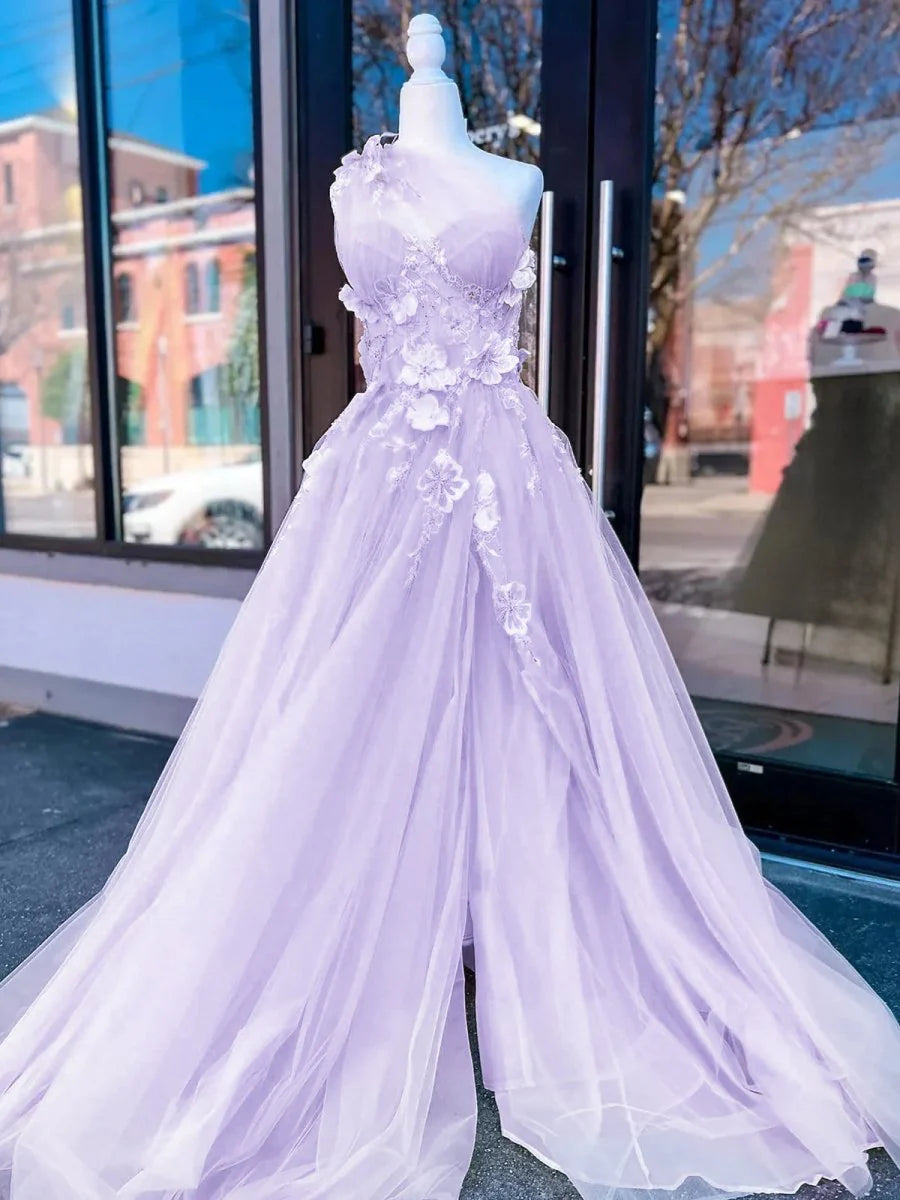 Yellow One Shoulder Asymmetric A-Line Prom Dress Sheer with Applique