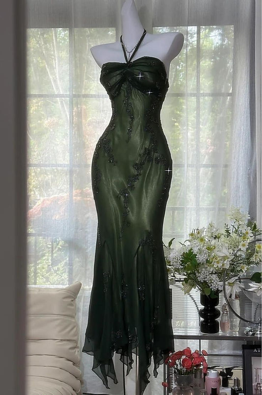 Vintage Green Mermaid Halter Beaded Chiffon Prom Dress SH5071