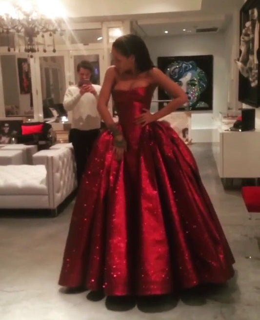 Modest Ball Gown Strapless Burgundy Sequin Sleeveless Long Evening Party Gowns Evening Dress Special Formal Dresses Prom Dress DH1369